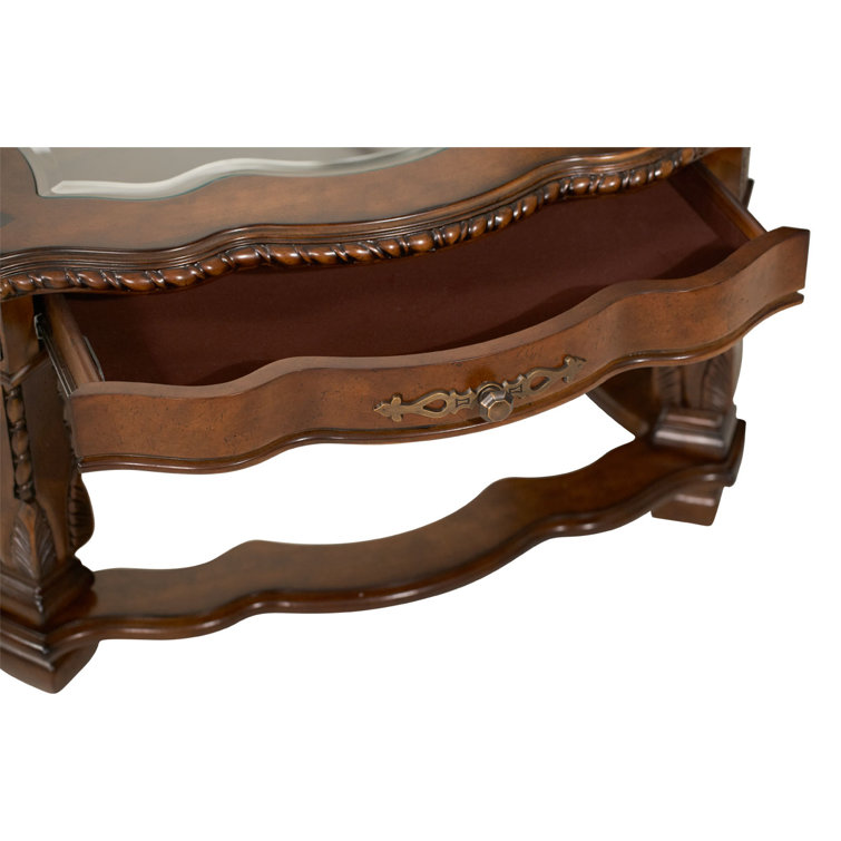 Traditional Windsor Court 54'' Brown Wood and Glass Coffee Table with Storage