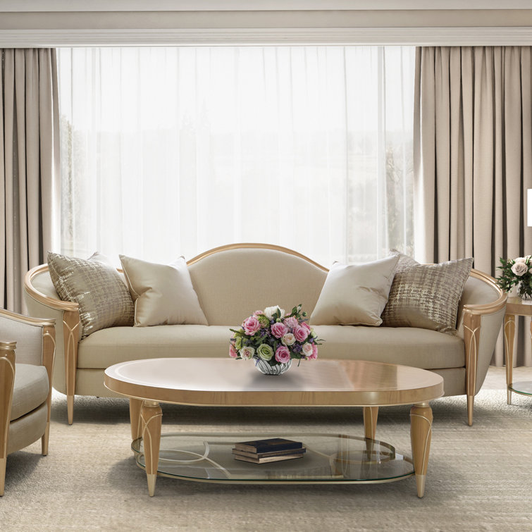 Pearl and Caramel Linen Upholstered Curved Arm Sofa