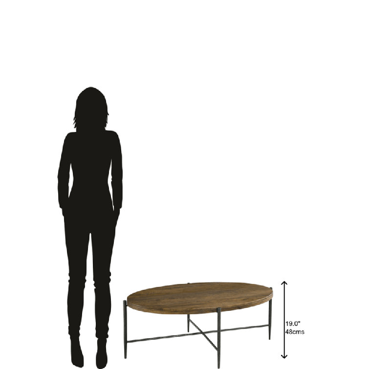 Oval Medium Brown Wood and Metal Coffee Table