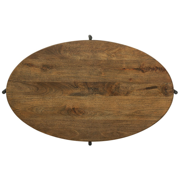 Oval Medium Brown Wood and Metal Coffee Table
