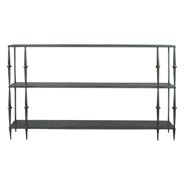 Transitional Gray 55" Mirrored Metal & Wood Console Table with Storage