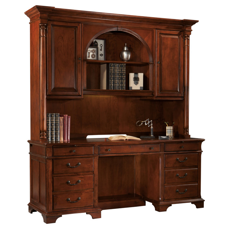 Elegant Weathered Cherry Executive Desk Hutch with Task Lighting