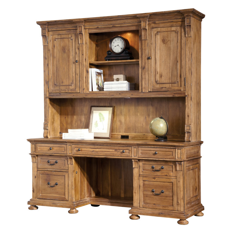 Traditional Executive Brown Wood Desk with Keyboard Tray and Filing Cabinet