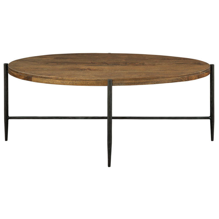 Oval Medium Brown Wood and Metal Coffee Table