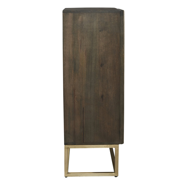 Contemporary Brown and Gold Mango Wood Glass-Paneled Chest
