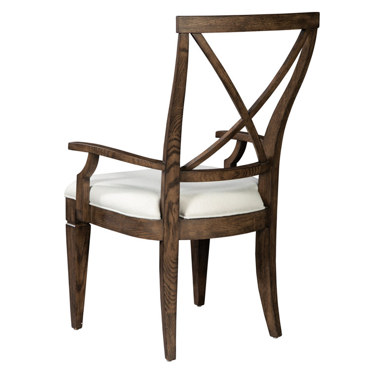 White Linen Upholstered Cross Back Arm Chair with Wood Frame