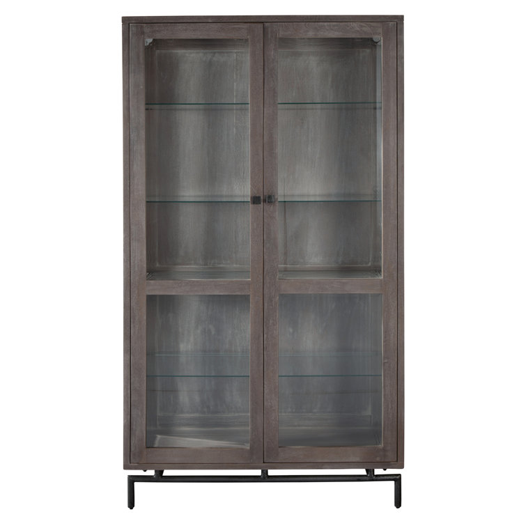 Gray Wood and Glass Display Cabinet with Metal Base