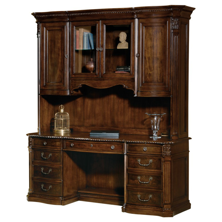 Yuri Old World Walnut Burl 54'' Executive Desk Hutch with Beveled Glass