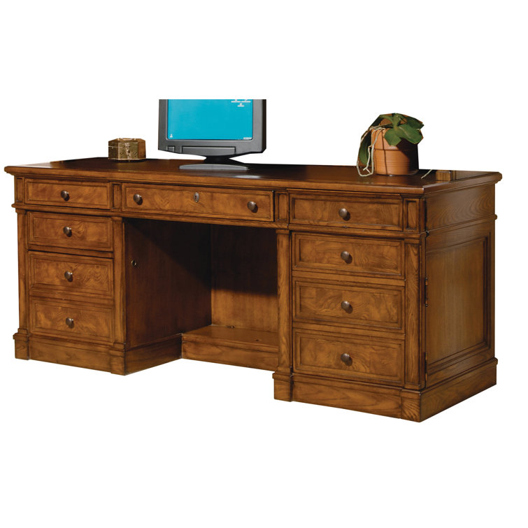 Brown Wood Executive Desk with Drawers and Power Outlet