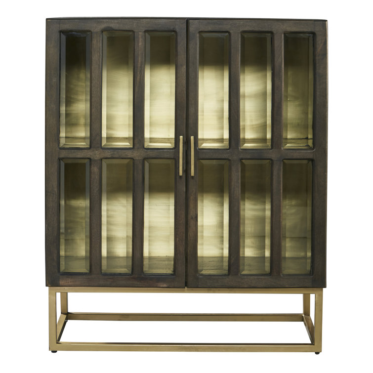 Contemporary Brown and Gold Mango Wood Glass-Paneled Chest