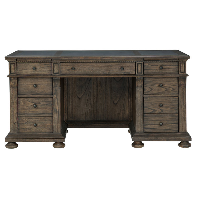 Traditional Mindi Wood Executive Desk in Java with Brass Hardware