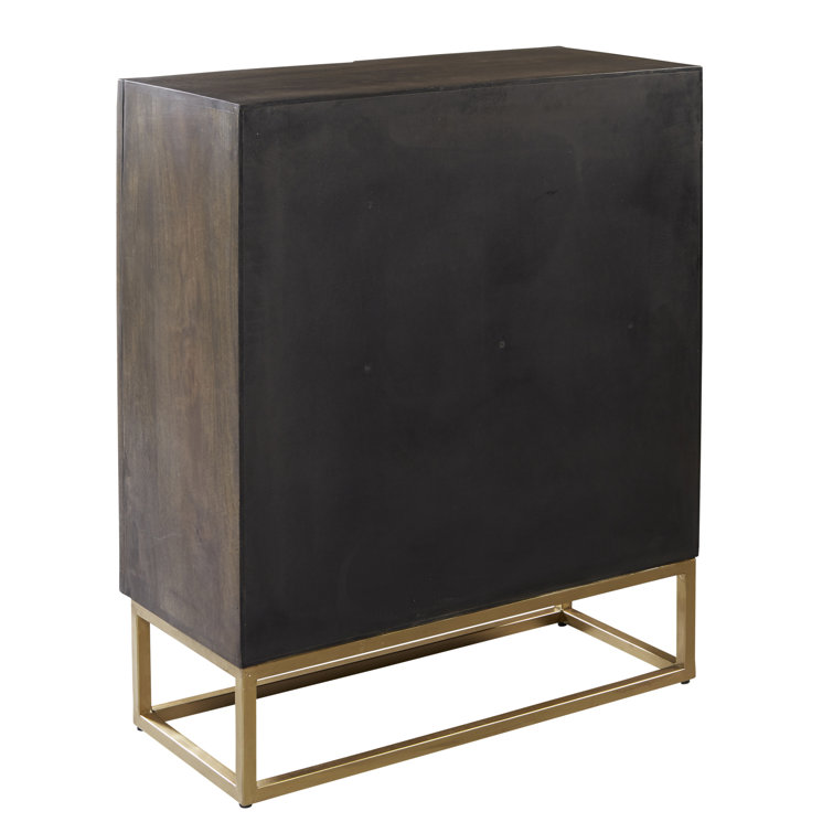 Contemporary Brown and Gold Mango Wood Glass-Paneled Chest