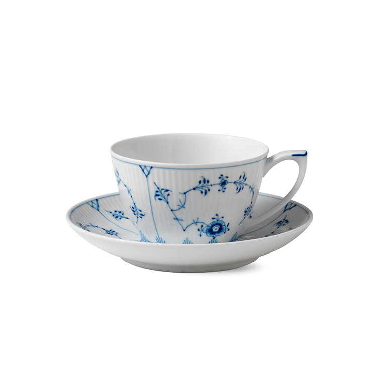 Blue Ribbed Ceramic Saucer with Floral Motif