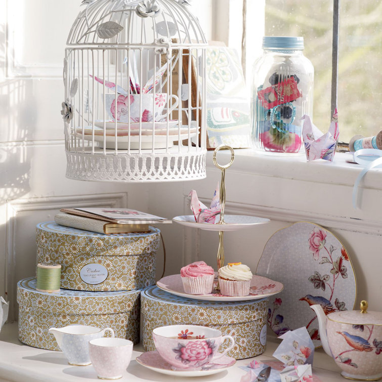 Cuckoo Floral Ceramic Two-Tier Cake Stand with Gold Accents