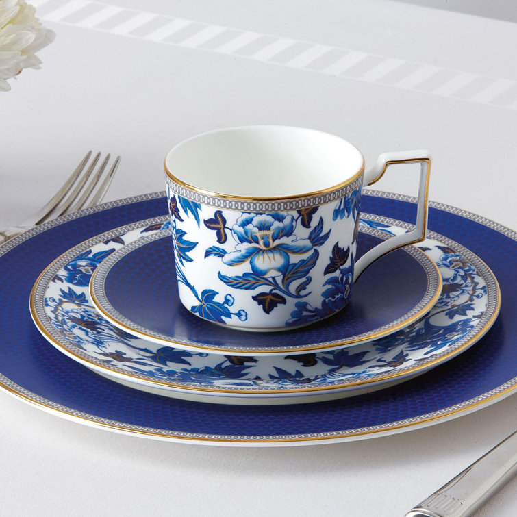 Hibiscus Elegance Porcelain 4-Piece Dinner Set, Blue Floral