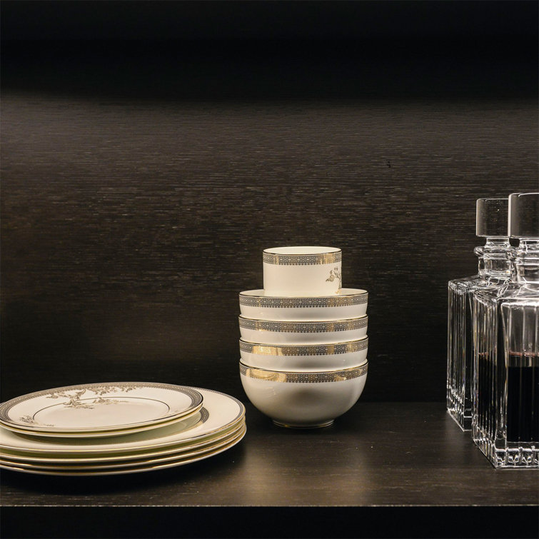 White Porcelain Lace Round Dinnerware Set with Platinum Accents
