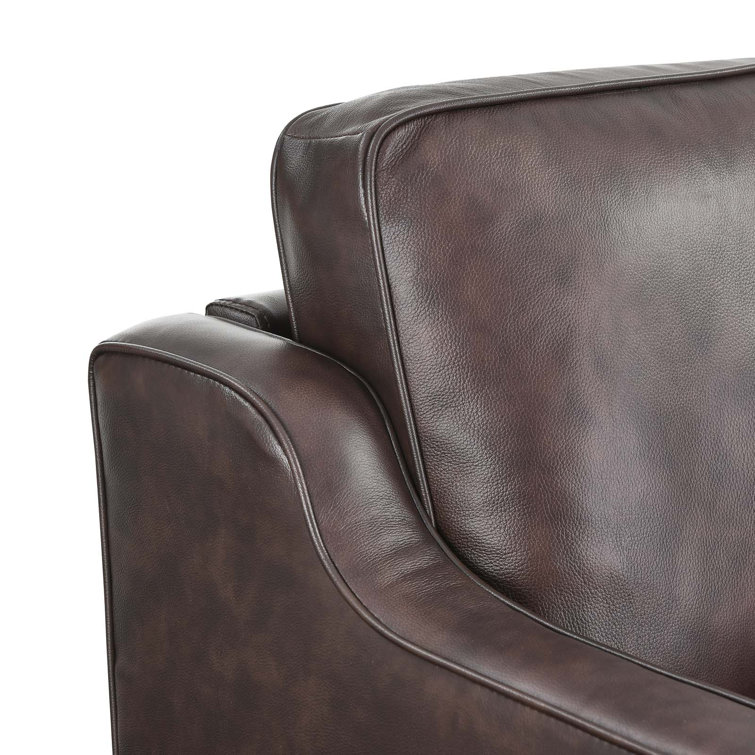 Brown Genuine Leather Mid-century Modern Sofa with Walnut Legs