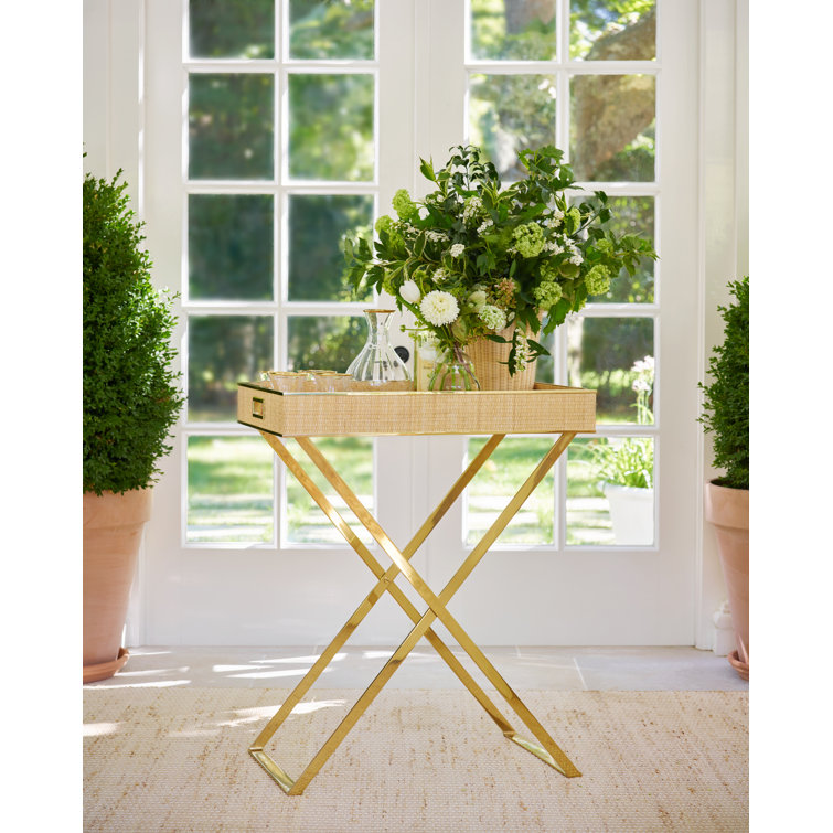 Large Natural Cane and Brass Butler Tray