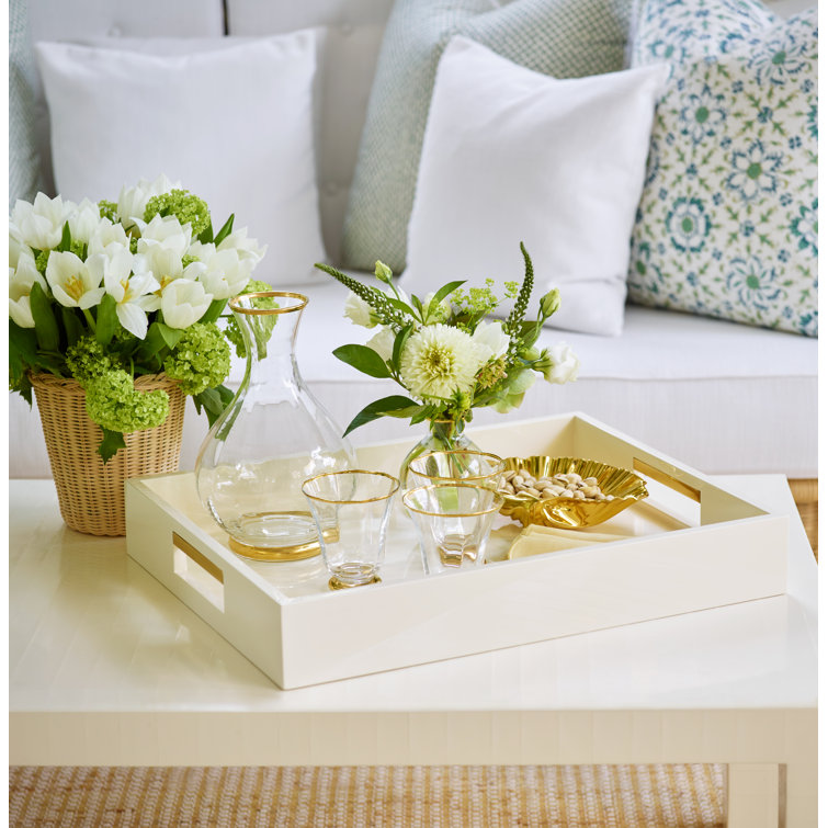 Cream Lacquer Decorative Tray with Brass Handles