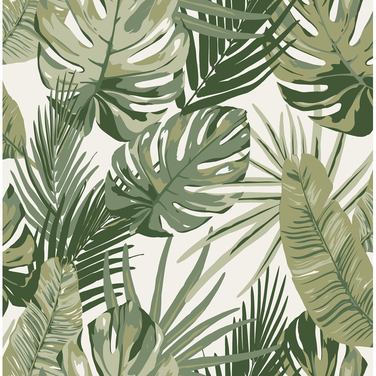 Green and White Vinyl Tropical Palm Leaf Peel & Stick Wallpaper