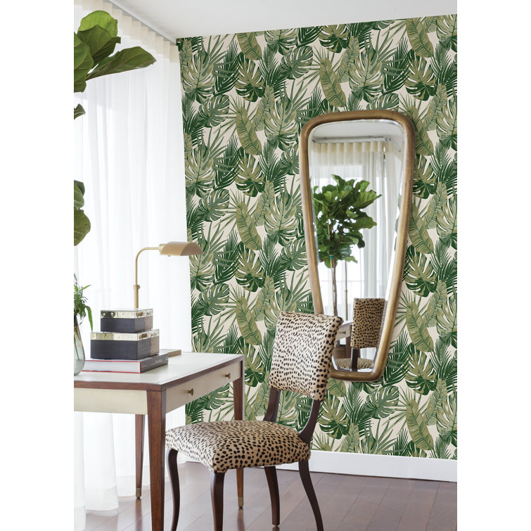Green and White Vinyl Tropical Palm Leaf Peel & Stick Wallpaper
