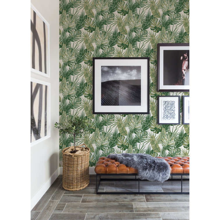 Green and White Vinyl Tropical Palm Leaf Peel & Stick Wallpaper