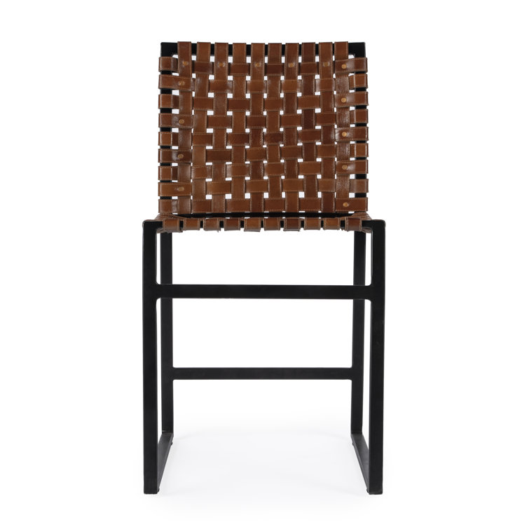 Urban Rustic Black Iron Base Genuine Leather Side Chair