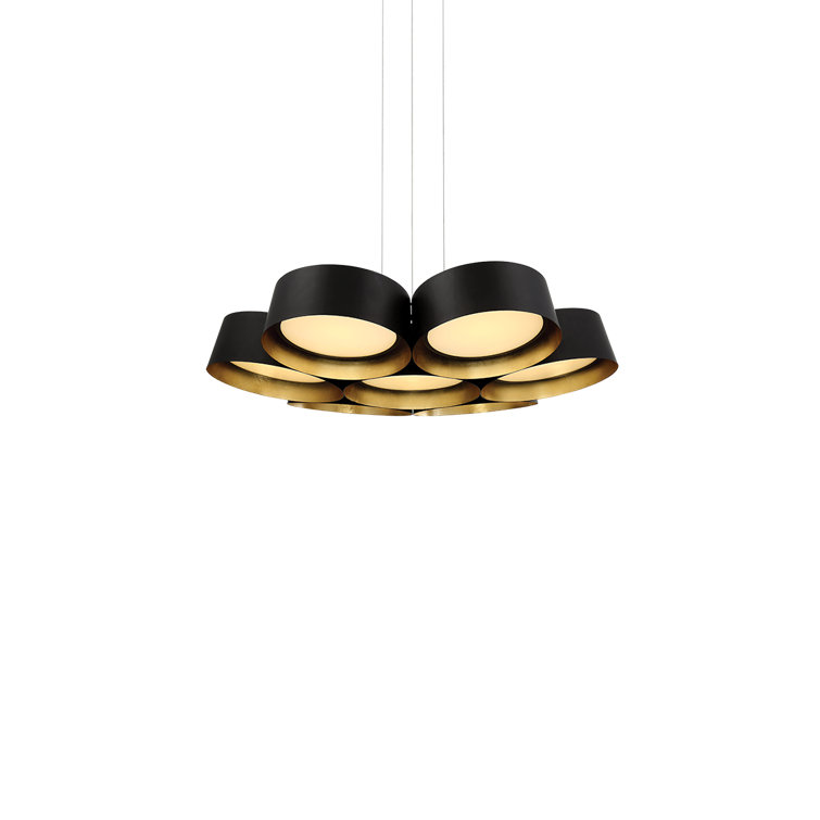 Black Gold Leaf 7-Light Drum Chandelier with Opal Glass