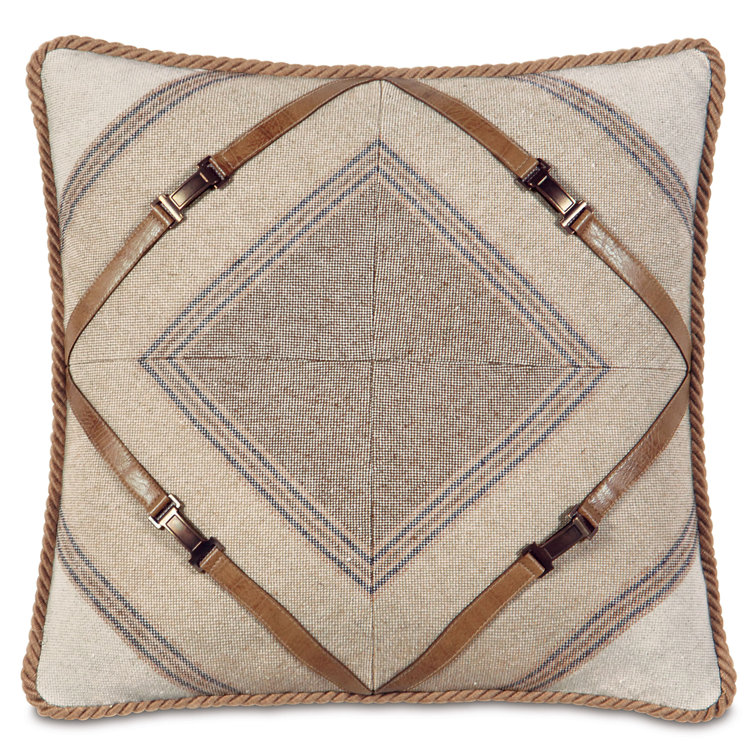 Square Linen Blend Throw Pillow with Faux-Leather Appliques
