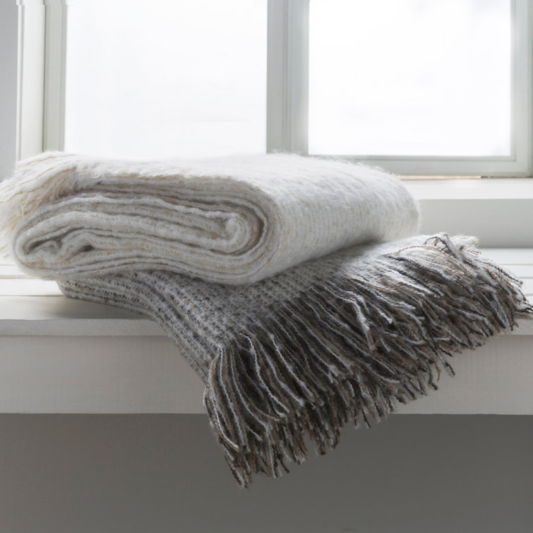 Ivory White Woven Acrylic Throw Blanket with Fringe