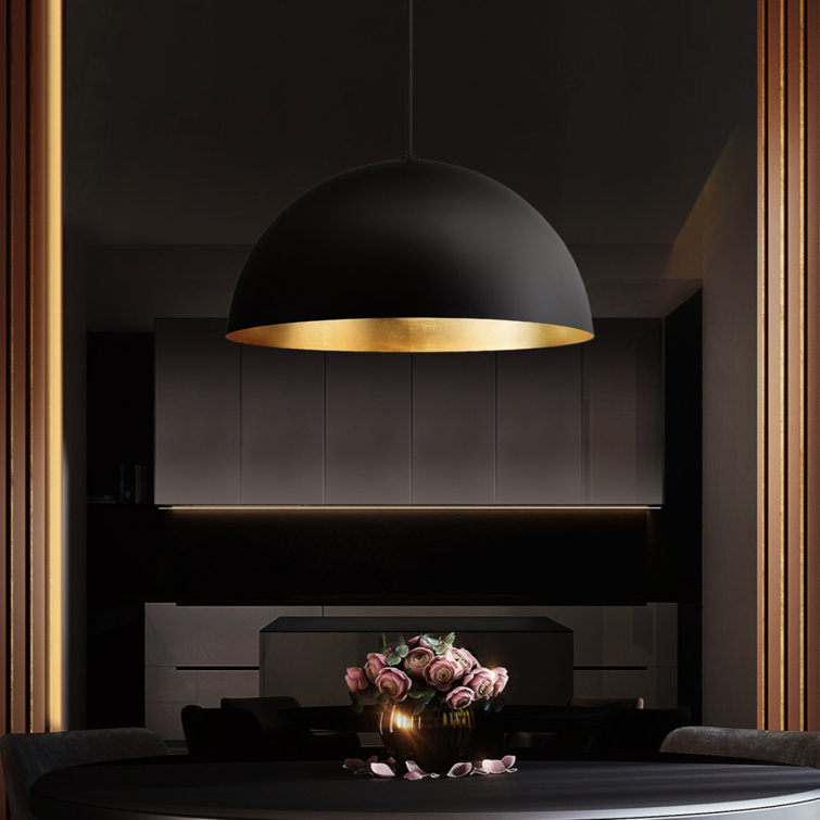Modern Black Gold Leaf LED Bowl Pendant with Mouth Blown Glass