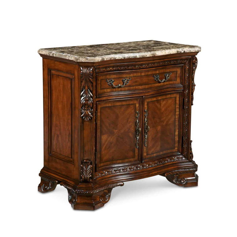 Old World Pomegranate Brown Marble Top Nightstand with Hidden Storage