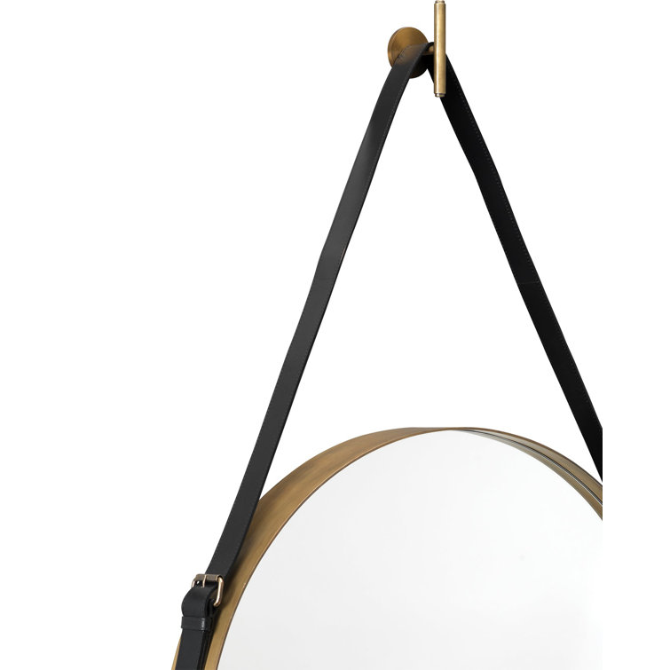 Large Round Antique Brass Mirror with Black Leather Strap