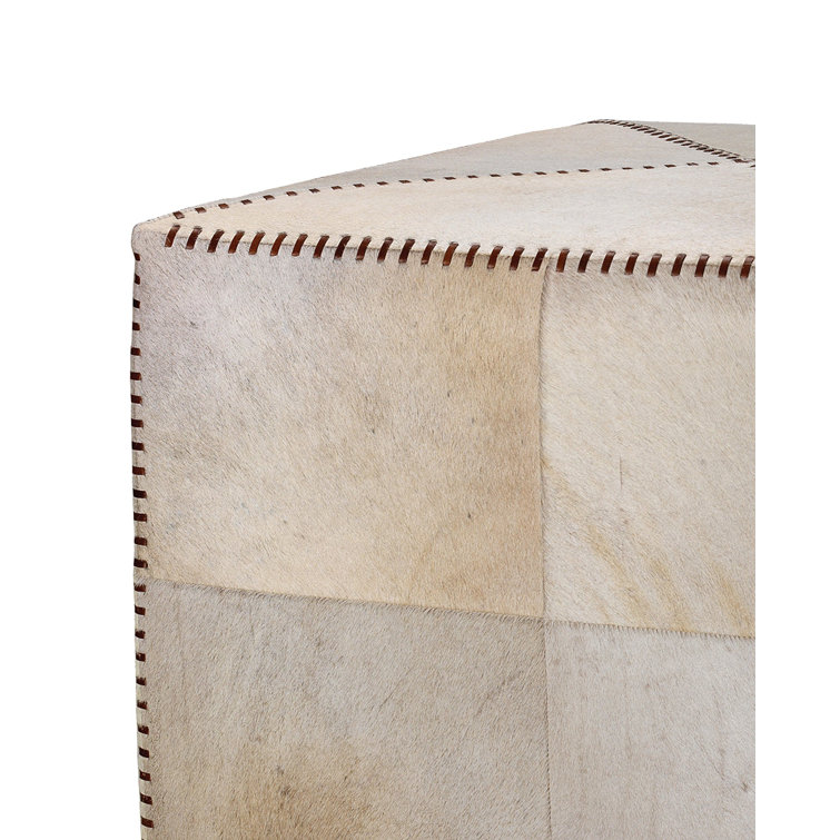 Elegant White Hide Cubic Ottoman with Crisscross Stitching