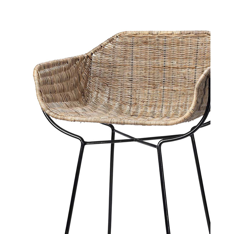 Woven Rattan and Black Metal Bohemian Bar Stool