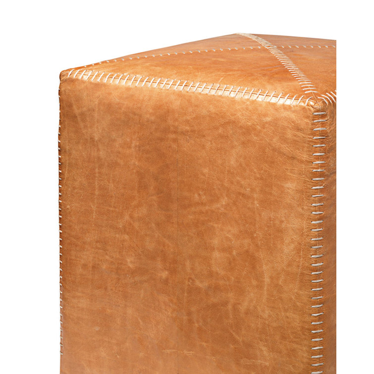 Small Buff Brown Leather Ottoman with Whipstitch