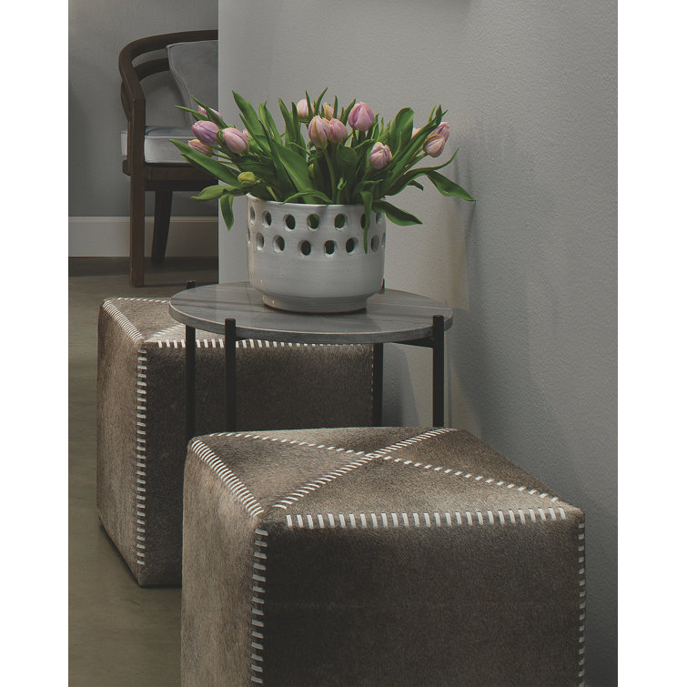 Cross Stitch Tufted Gray Hide Leather Cube Ottoman