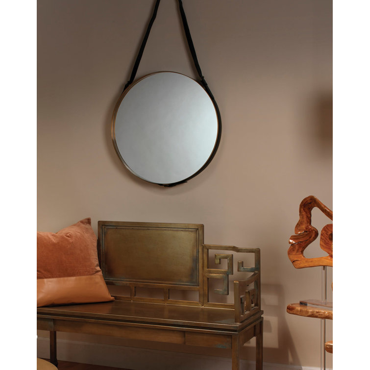 Large Round Antique Brass Mirror with Black Leather Strap