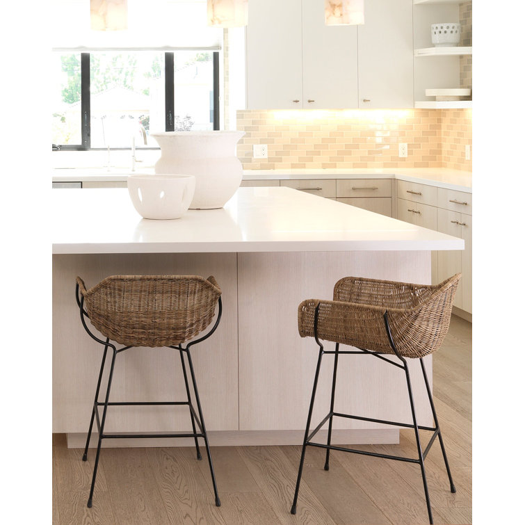 Natural Rattan and Black Steel Counter Stool