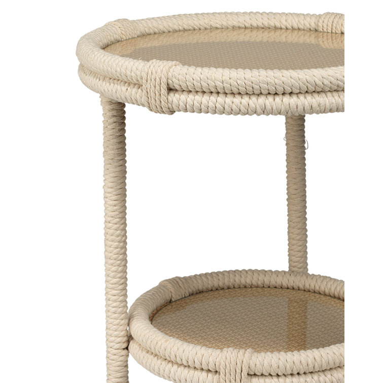 Round Off-White Rope and Glass Side Table