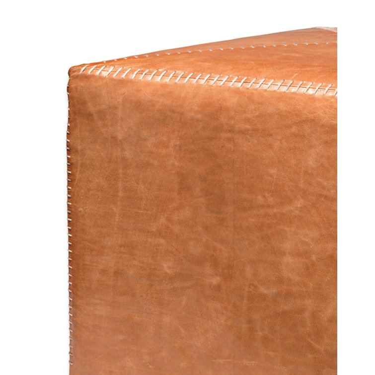 Rustic Large Buff Leather Pouf with Whipstitch Detail