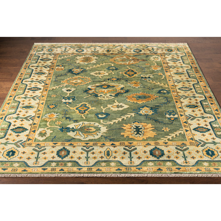 Ivory and Olive Hand-Knotted Wool Rectangular Rug