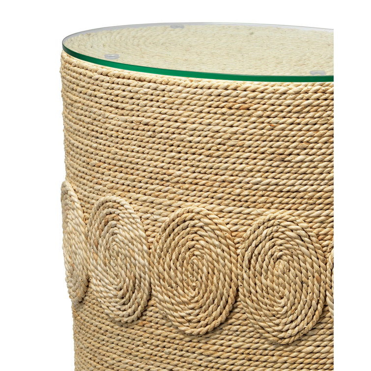 Hand-Woven Corn Straw Round Side Table with Glass Top