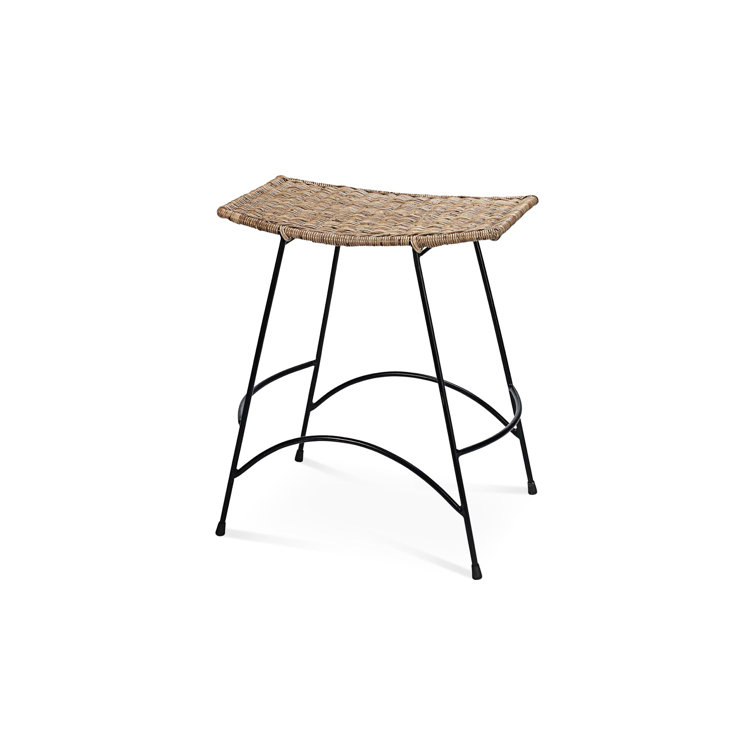 Black Metal and Woven Rattan Backless Counter Stool