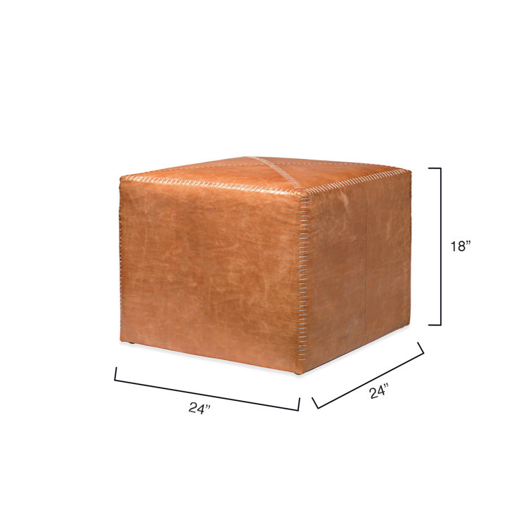 Rustic Large Buff Leather Pouf with Whipstitch Detail