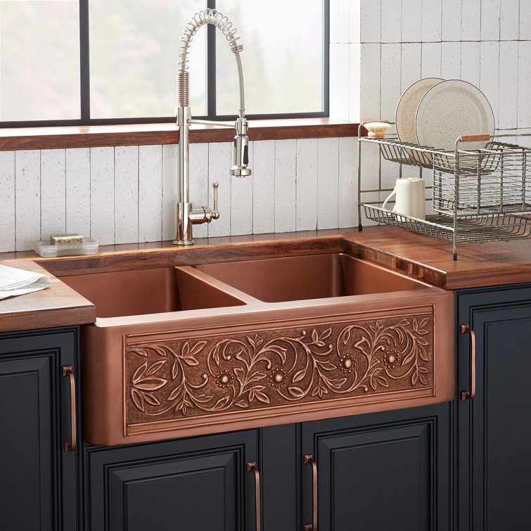33'' Antique Copper Double Bowl Farmhouse Kitchen Sink