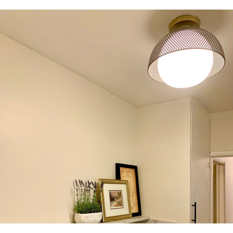 Matte Black and Satin Brass Globe Flush Mount with White Glass Shade