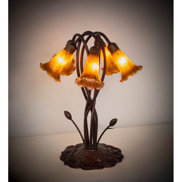 Amber Pond Lily 5-Light Art Nouveau Accent Lamp in Mahogany Bronze
