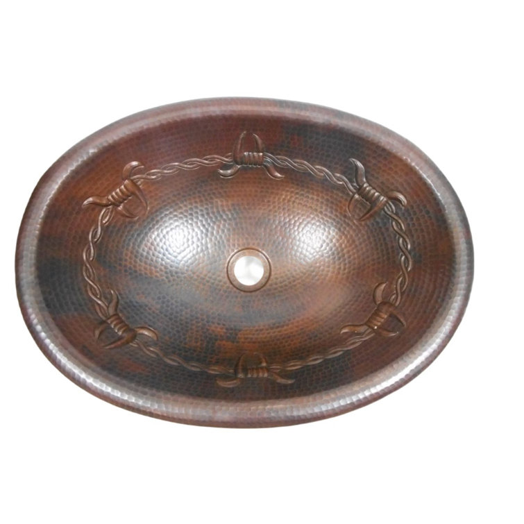 19" Oval Aged Copper Drop-In Bathroom Sink with Barbed Wire Design