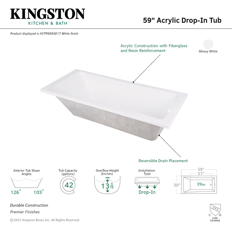 Aqua Eden 59-Inch White Acrylic Rectangular Drop-In Tub with Jets